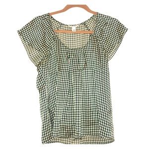 Green and white houndstooth silk top